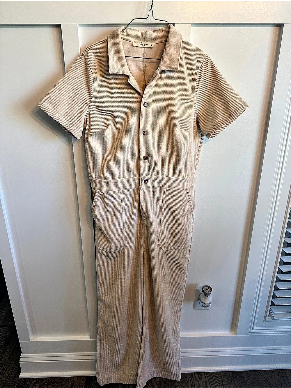 Molly Green Striped Corduroy Jumpsuit in Beige Like New